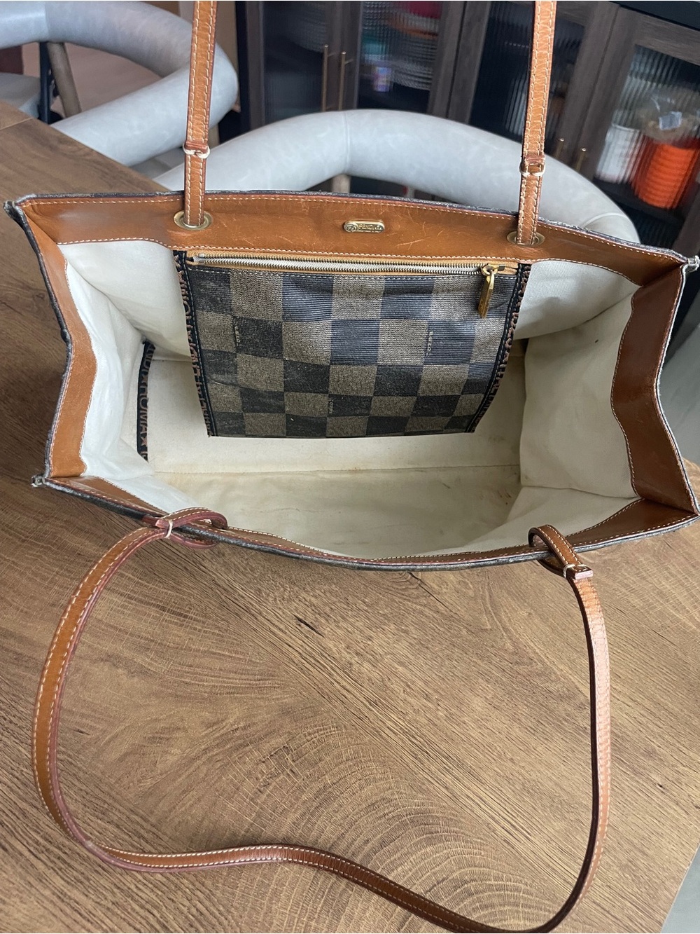 Fendi Brown Checkered Tote with Tan Leather Straps